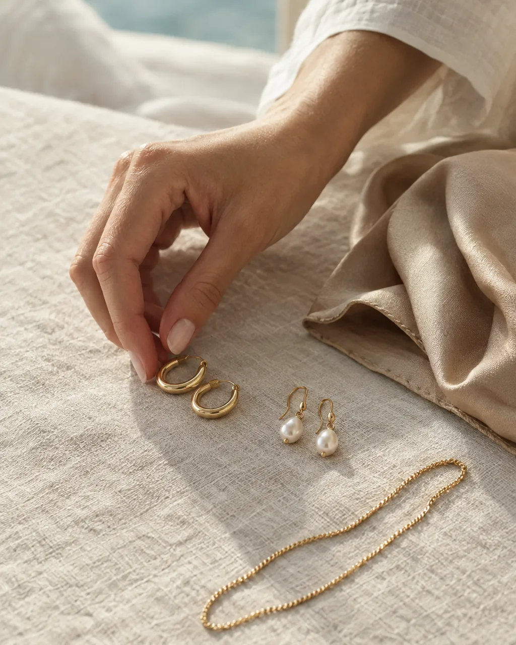 A hand chooses between two pairs of simple gold earrings on linen